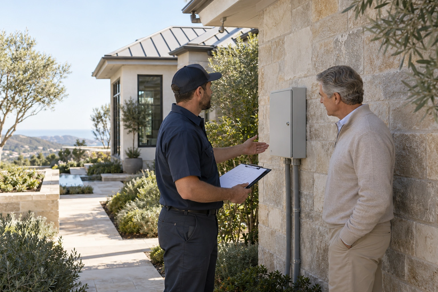 Homeowner and technician reviewing the exterior sprinkler control strategy at a luxury California residence