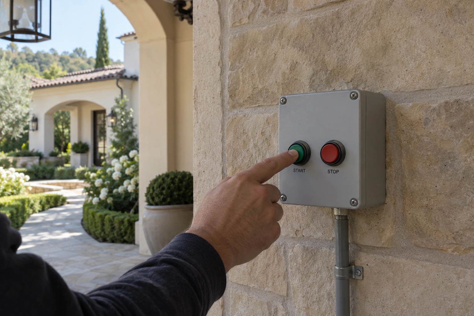 Protected manual start and stop station mounted within clear ground-level access beside a luxury home