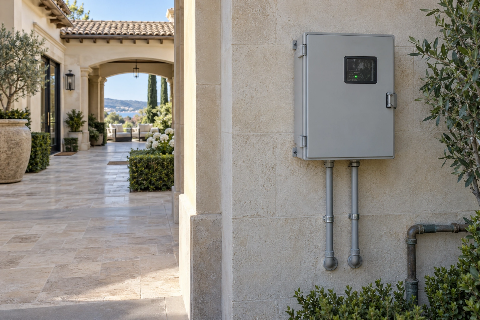 Closed outdoor sprinkler controller enclosure with securely routed conduit on a luxury-home service wall
