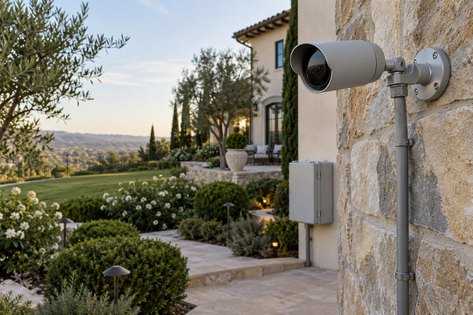 Compact outdoor sensing equipment mounted near a protected exterior sprinkler controller at a luxury residence