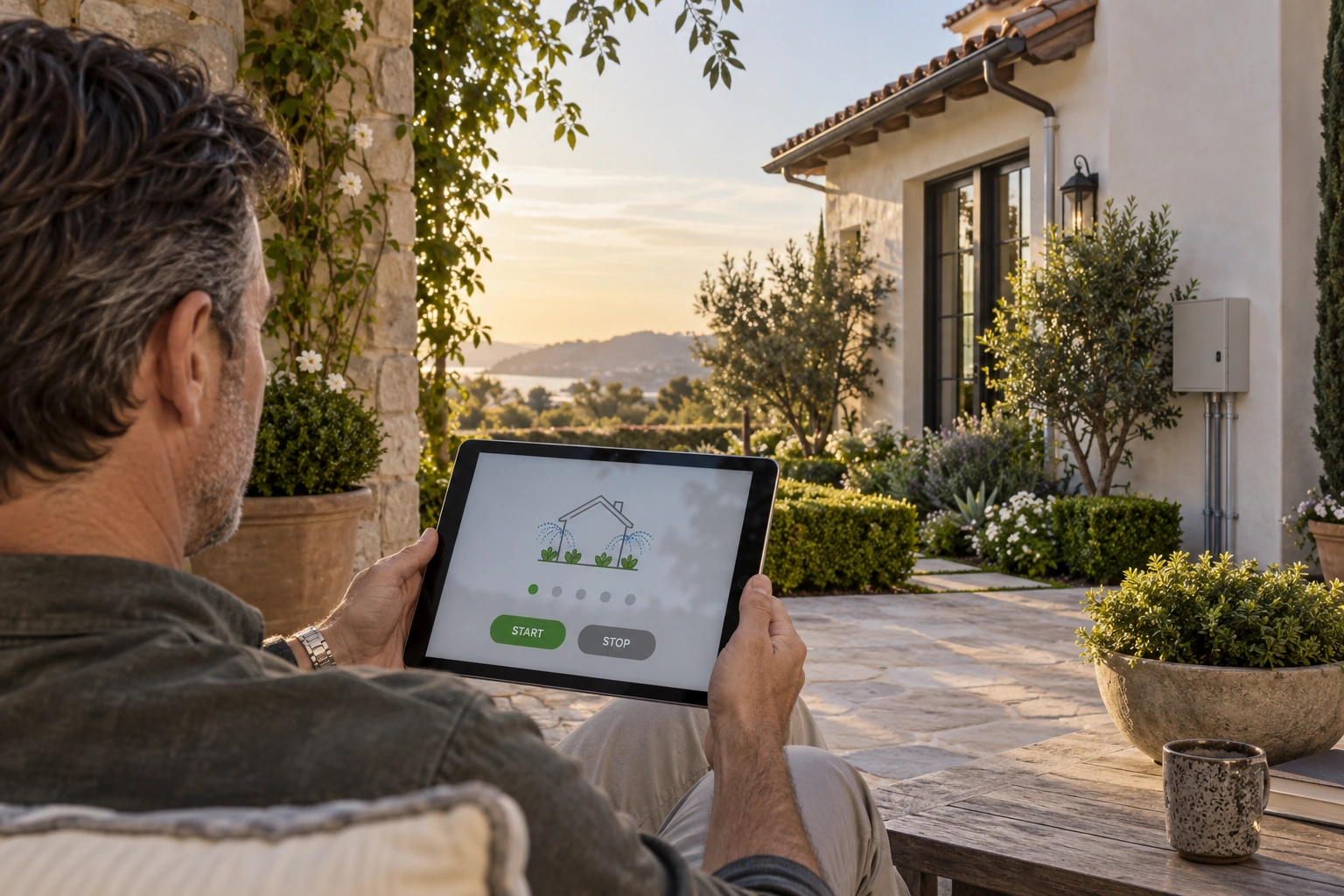 Homeowner reviewing a tablet beside the exterior control equipment of a luxury California home