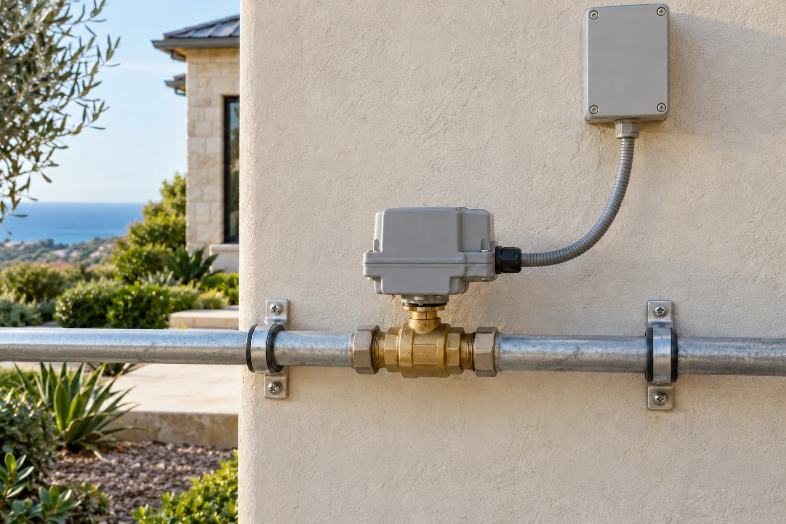 Supported exterior sprinkler water line with an electric zone valve and protected actuator conduit at a luxury home
