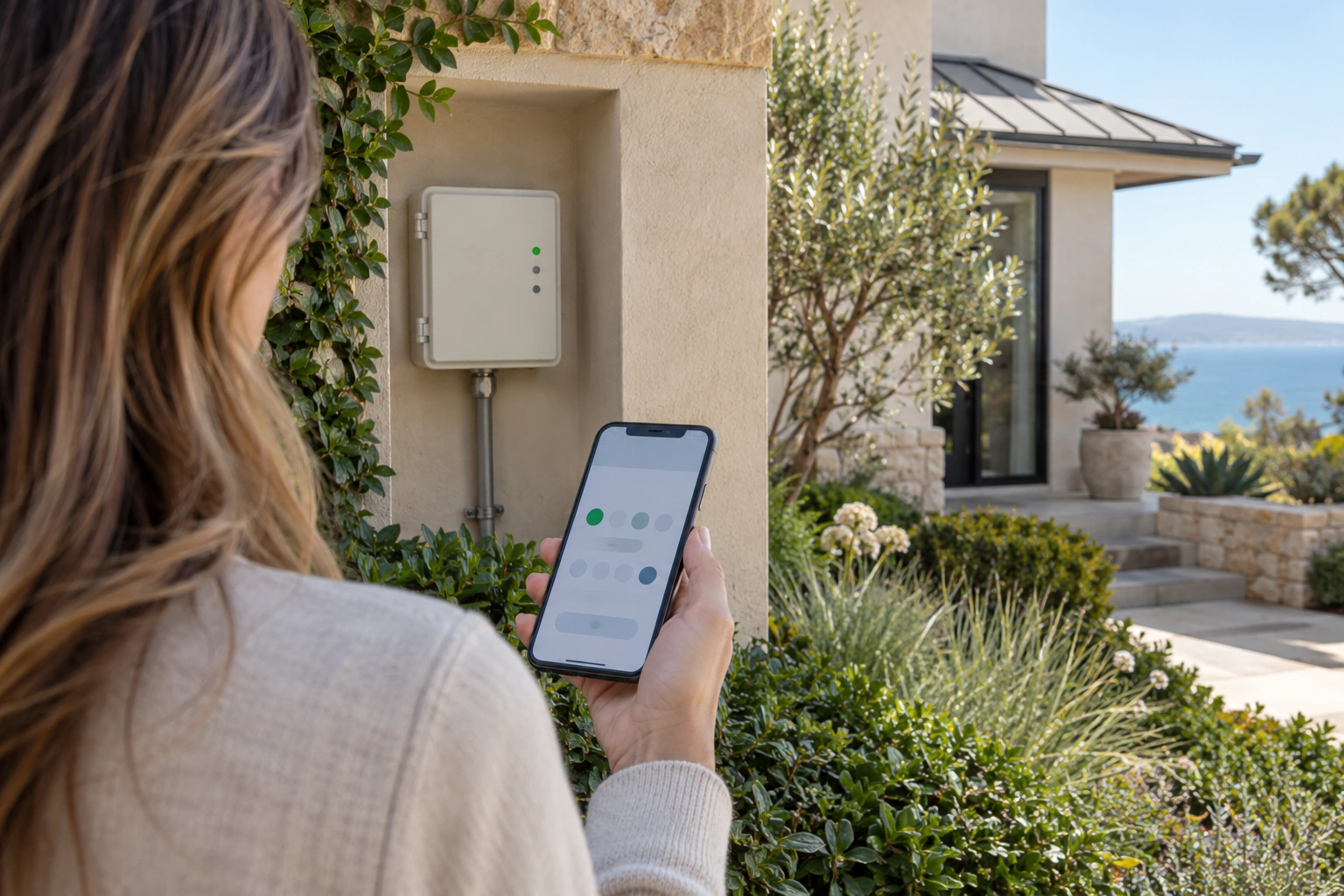 Homeowner reviewing a generic system-status interface on a smartphone near a protected exterior sprinkler controller