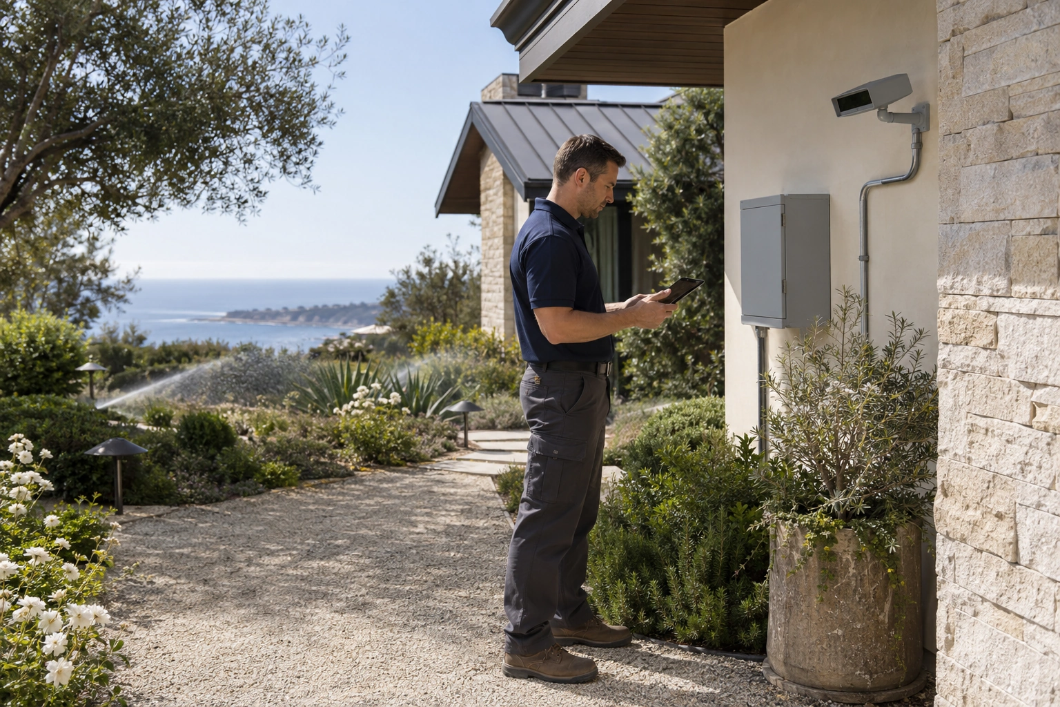 Technician reviewing a protected controller while exterior sprinklers operate during a planned daylight system-response check