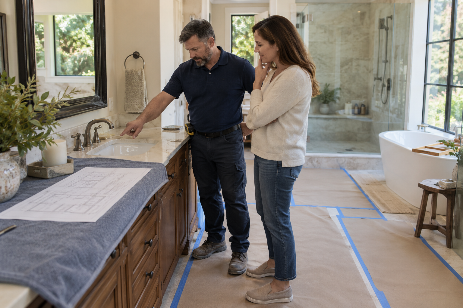 Plumber and homeowner reviewing a protected existing bathroom vanity and a proposed layout drawing