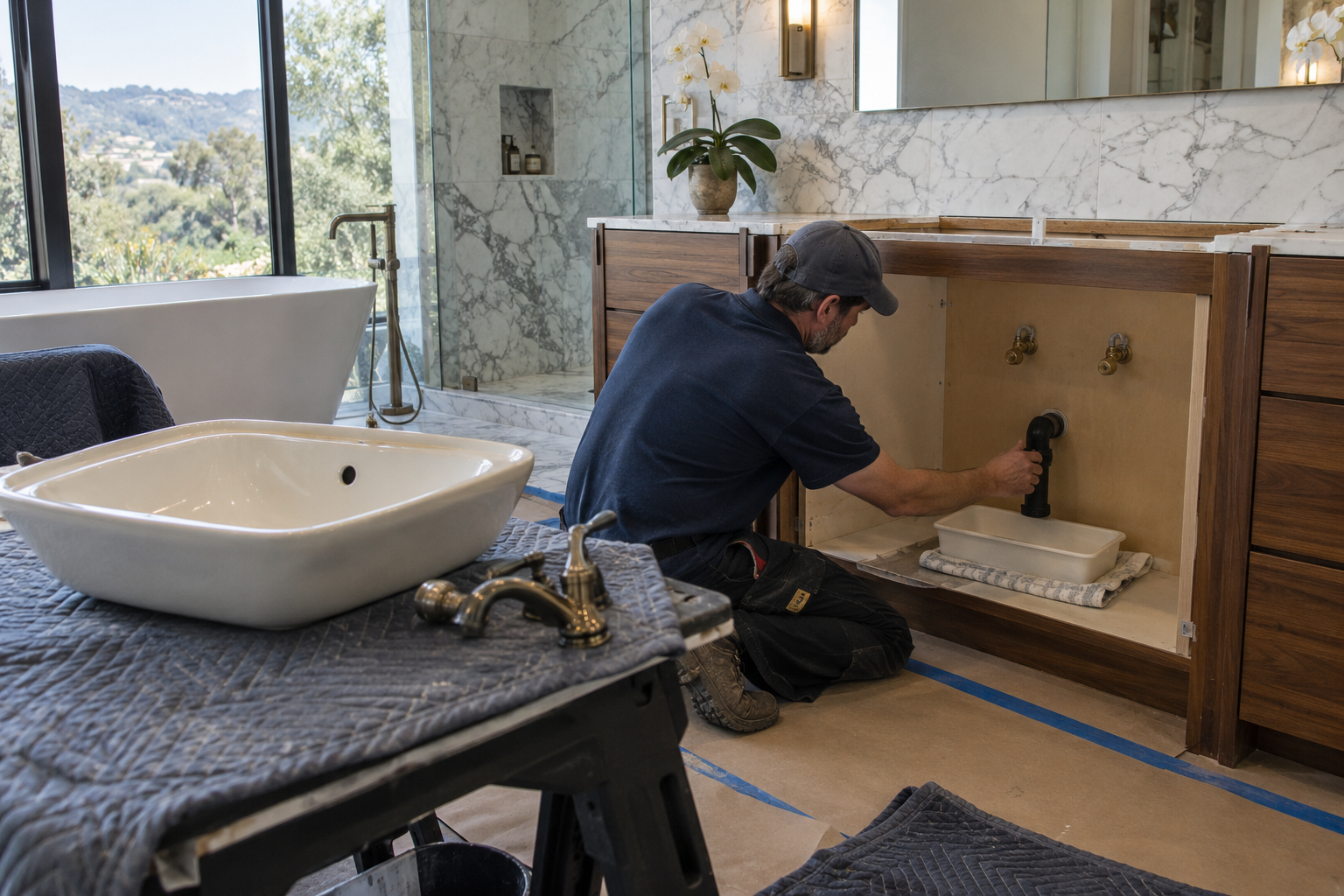 Removed ceramic basin and faucet resting on padding while a plumber checks isolated connections in an open vanity cabinet