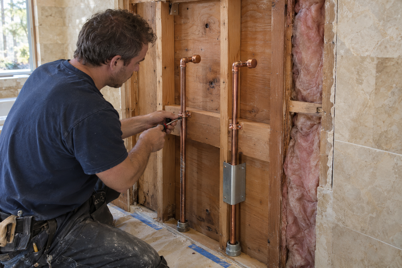 Plumber securing two independent capped copper supply risers in an opened bathroom service wall