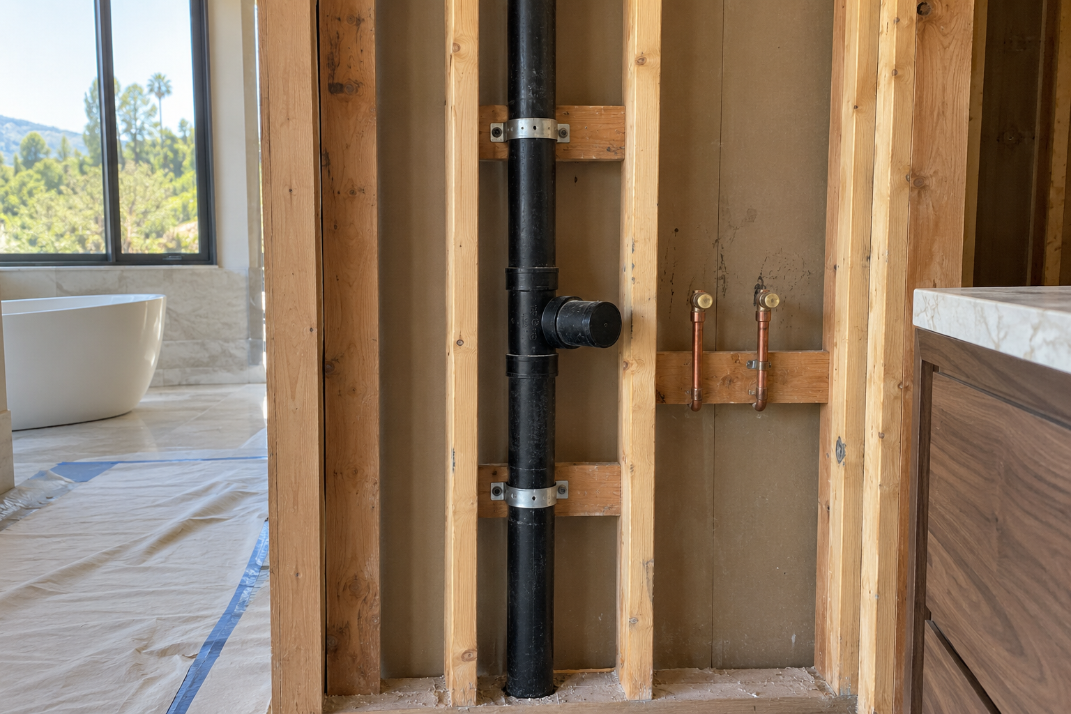 Capped lavatory drain inlet in an upright ABS drain-and-vent stack with the vent rising above it through the wall
