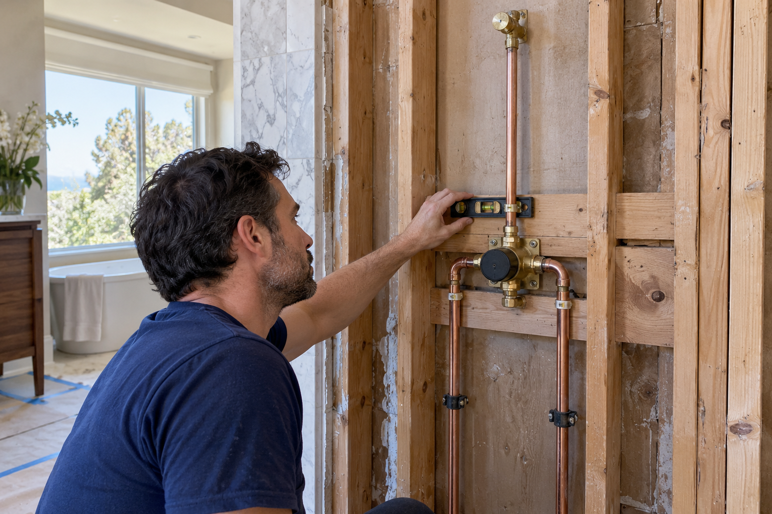 Plumber reviewing a mounted brass shower valve with separate copper supplies, an upper shower riser, and a closed lower outlet