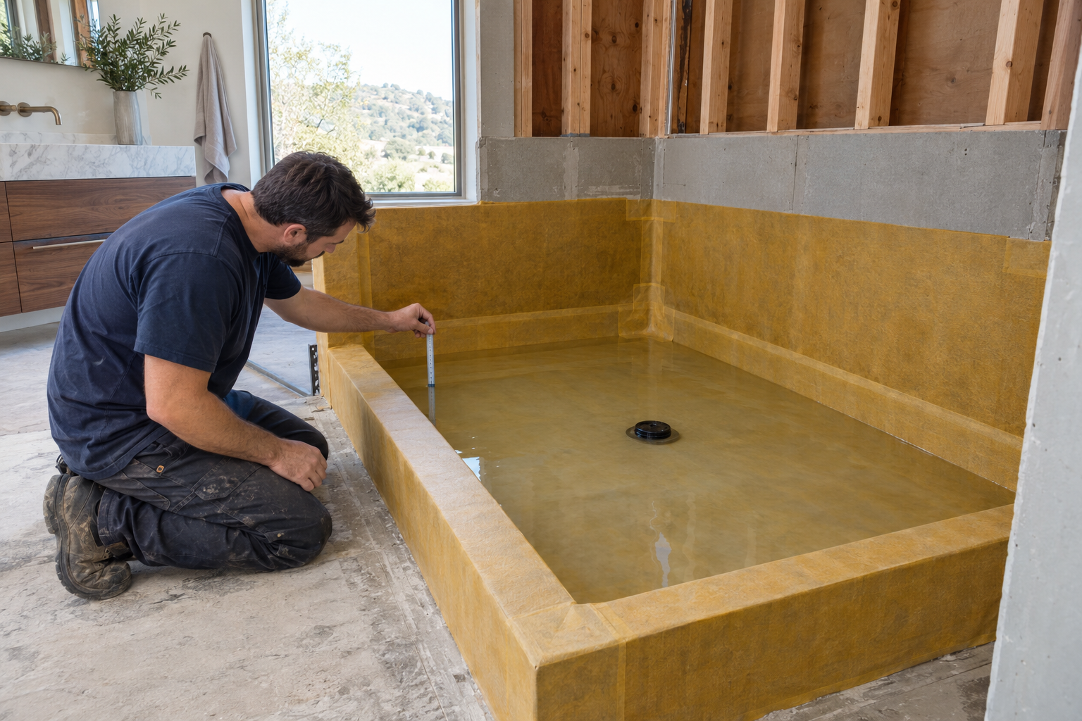 Plumber observing contained test water inside an untiled shower receptor with membrane-covered walls, corners, and curb