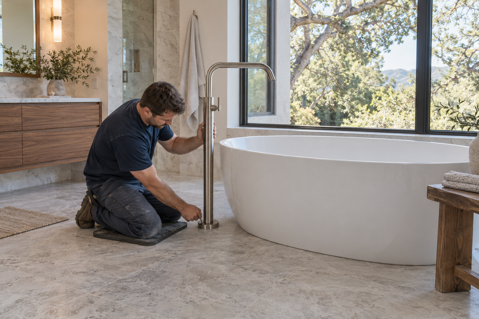 Plumber securing a floor-mounted filler beside a freestanding tub with its fixed spout clearly above the tub rim