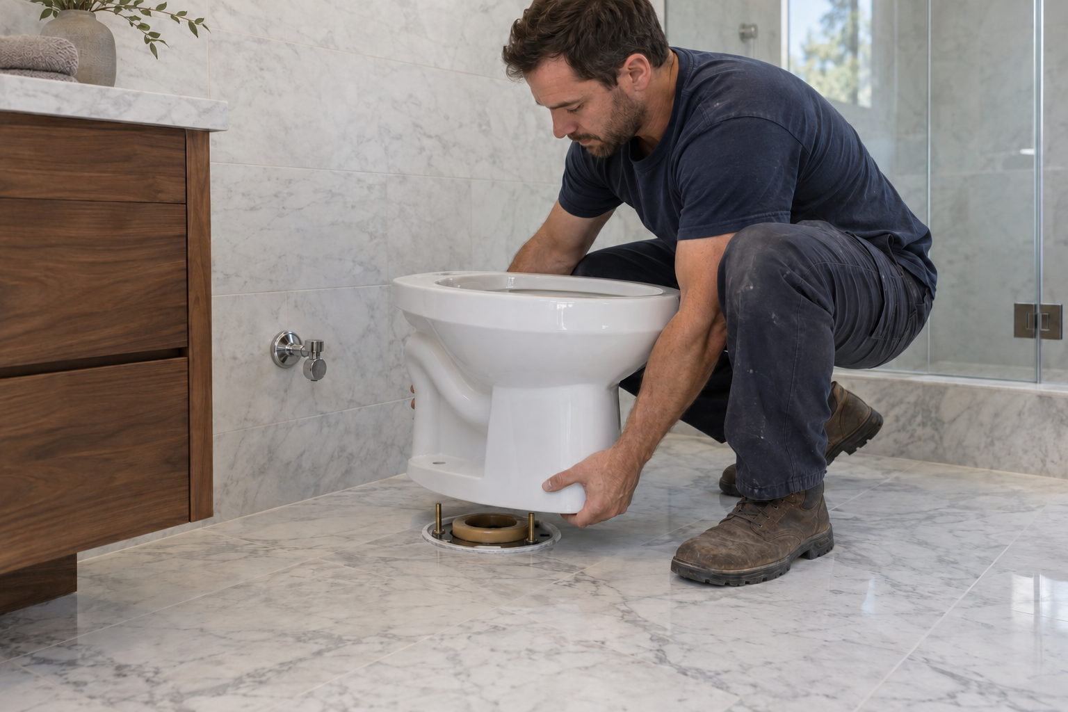 Installer lowering a toilet bowl toward one seal and aligned closet bolts on a flange at the finished tile floor