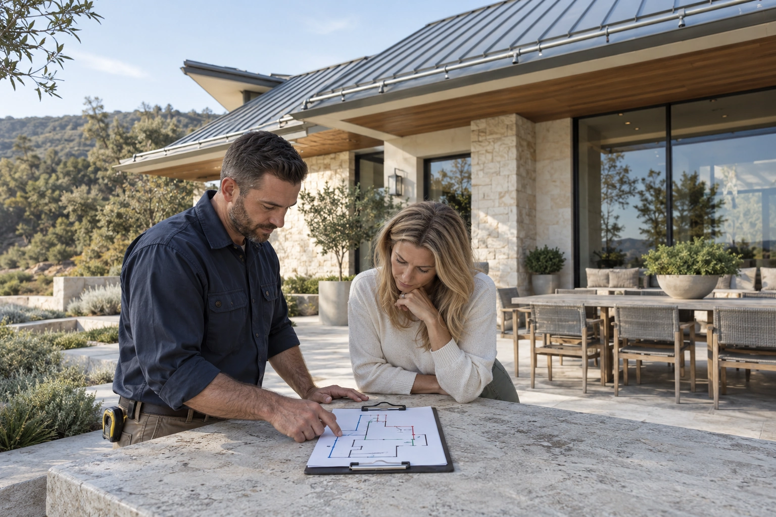 Homeowner and installer reviewing the planned exterior sprinkler coverage at a luxury California residence