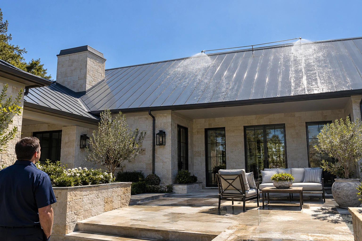 Connected roof sprinklers visibly wetting the metal roof surface of a luxury California residence during a controlled run