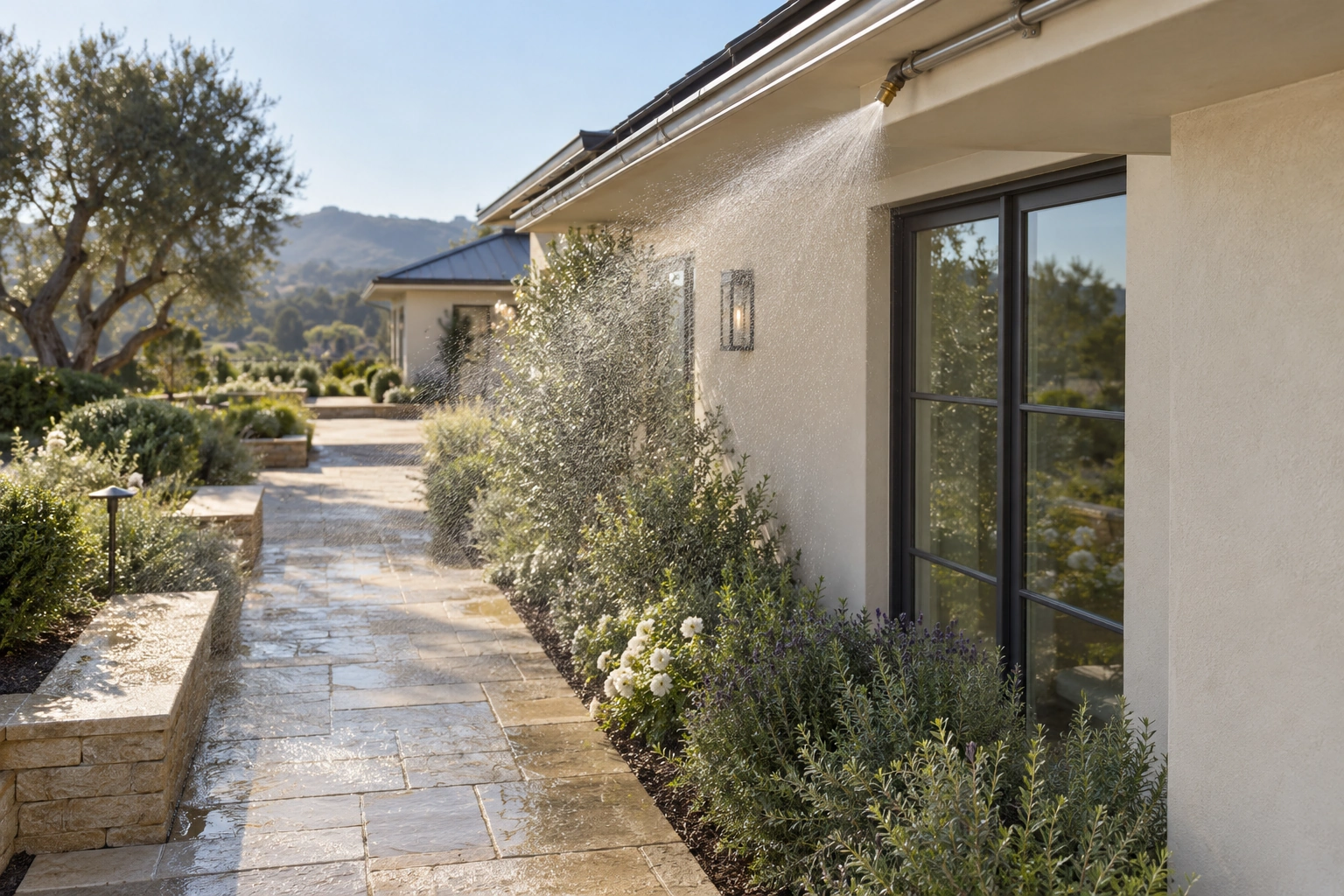An exterior eave nozzle wetting the stone path and garden boundary beside a luxury residence