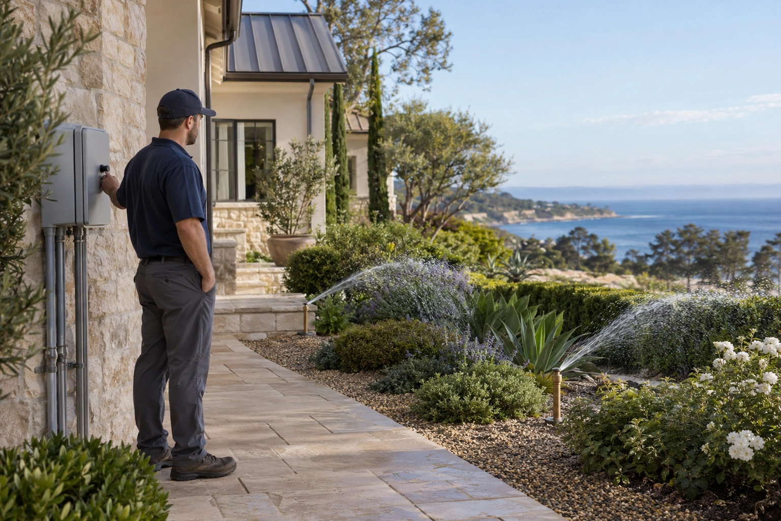 Installer observing an exterior sprinkler zone during a controlled sequencing check at a luxury residence