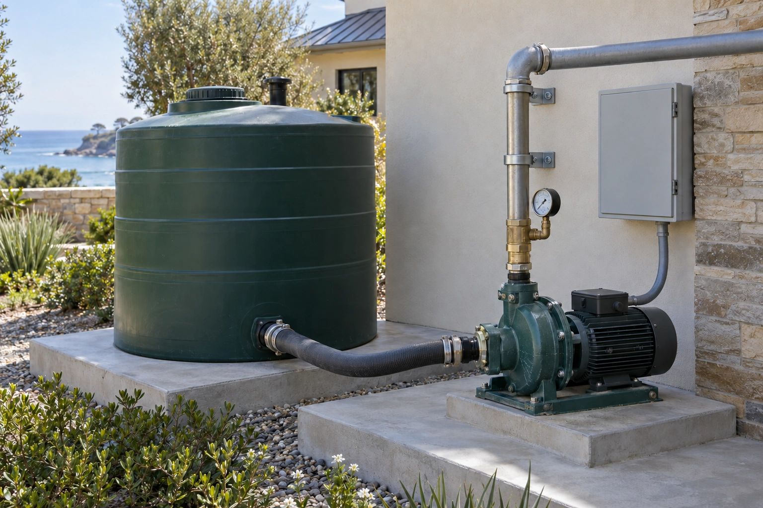Accessible tank and pump equipment with supported piping in the service courtyard of a luxury California home