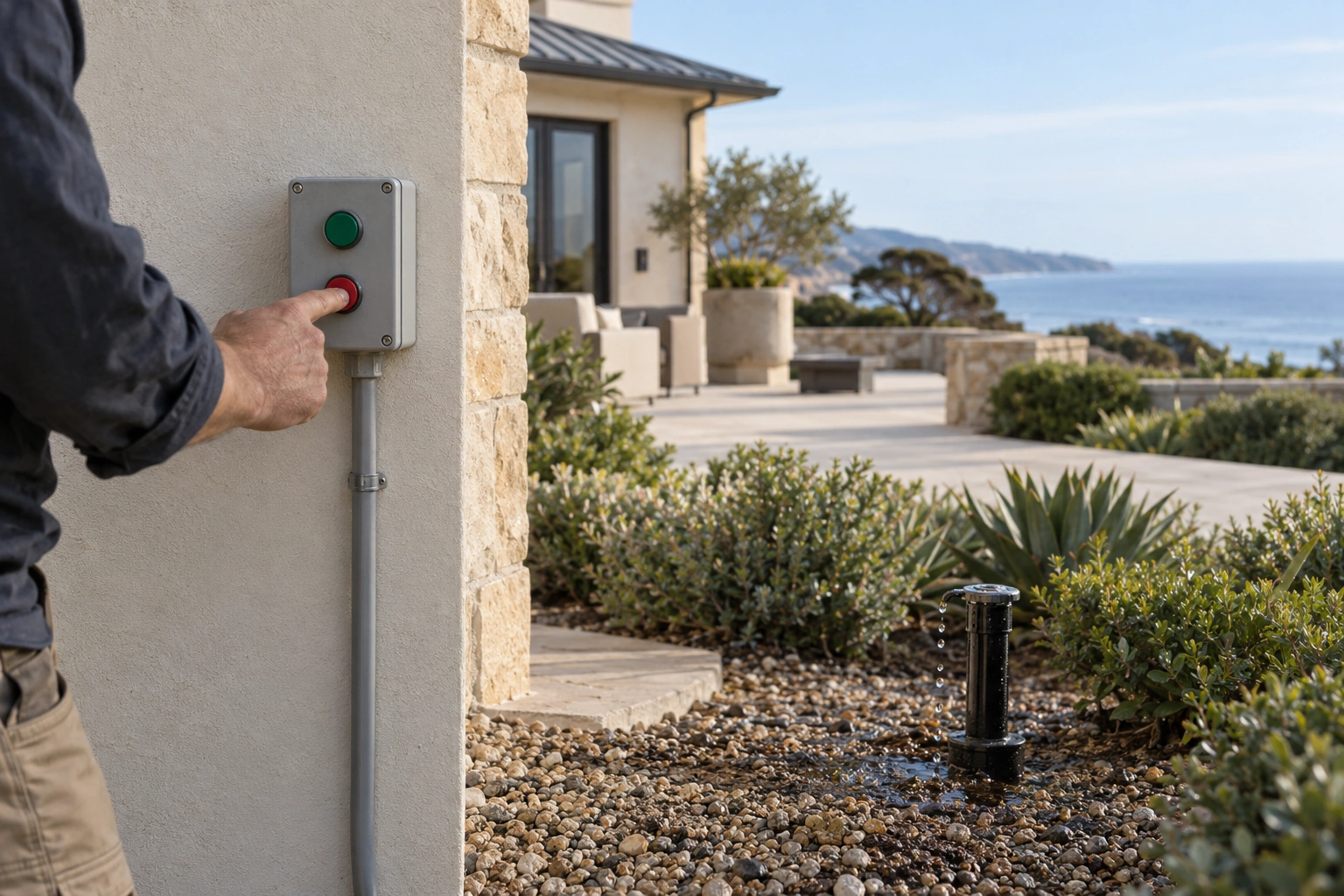 Technician operating accessible local controls during an exterior sprinkler commissioning check at a luxury home