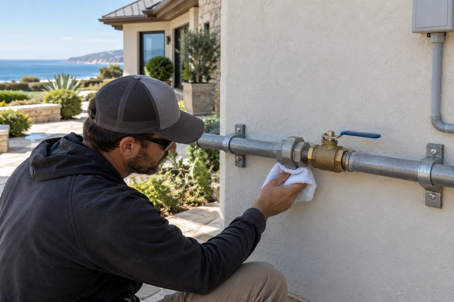 Installer reviewing exterior sprinkler pipe connections for visible leakage after a controlled operating run