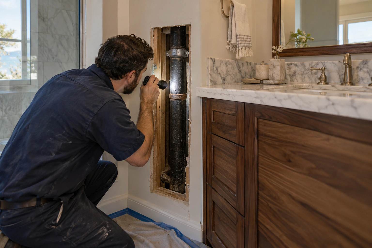 Plumber inspecting an aging cast-iron drain stack beside a luxury bathroom vanity