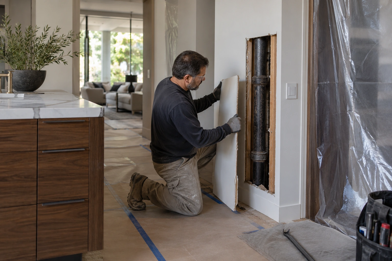 Worker removing a selective wall panel beside protected flooring and a dust barrier in a luxury kitchen