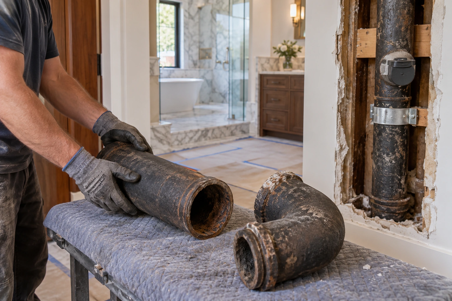 Plumber placing removed cast-iron drain pieces onto a padded bench with retained piping supported nearby