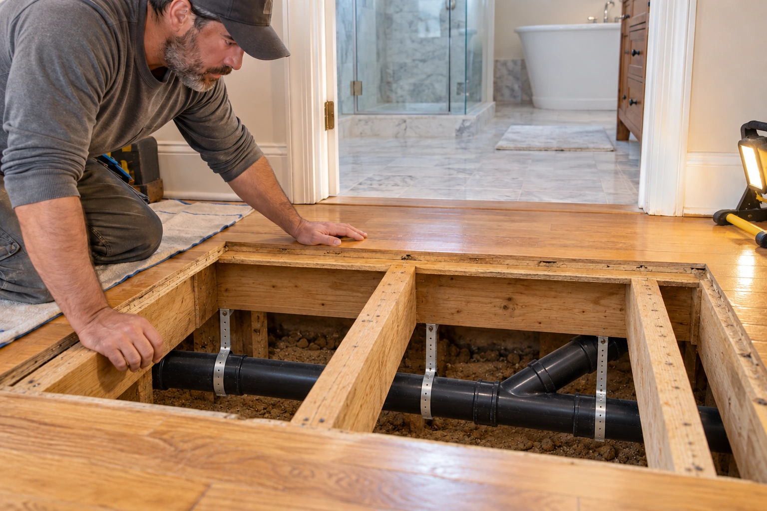 Supported black ABS drainage piping and a wye branch routed beneath intact floor joists