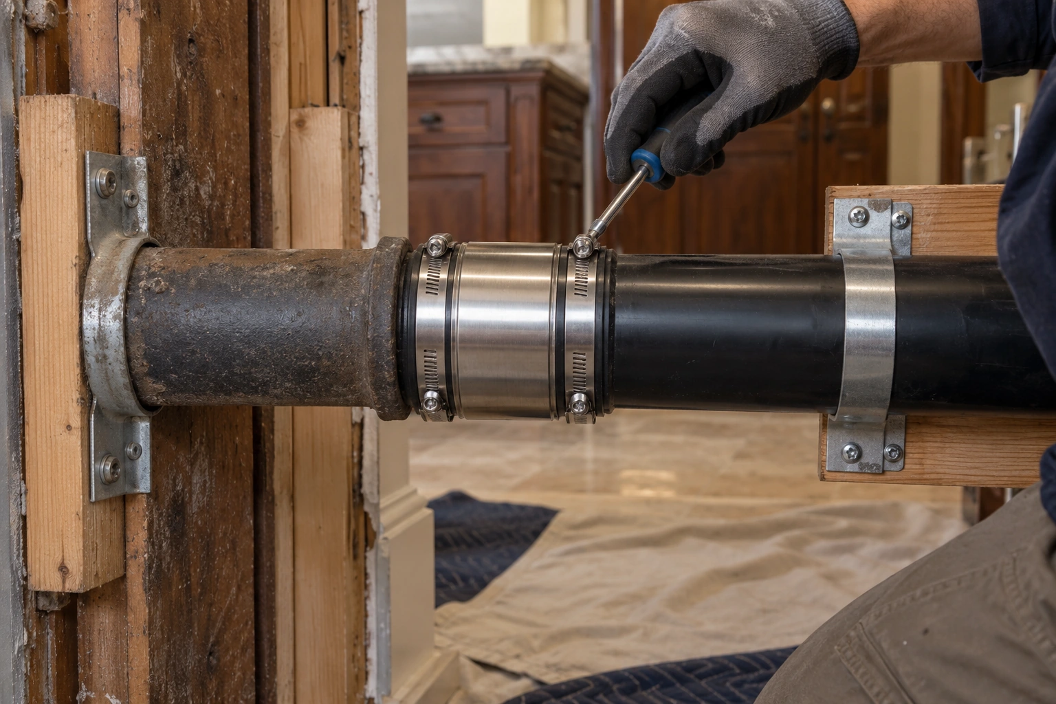 Shielded metal transition coupling joining supported cast-iron and black ABS drain pipes