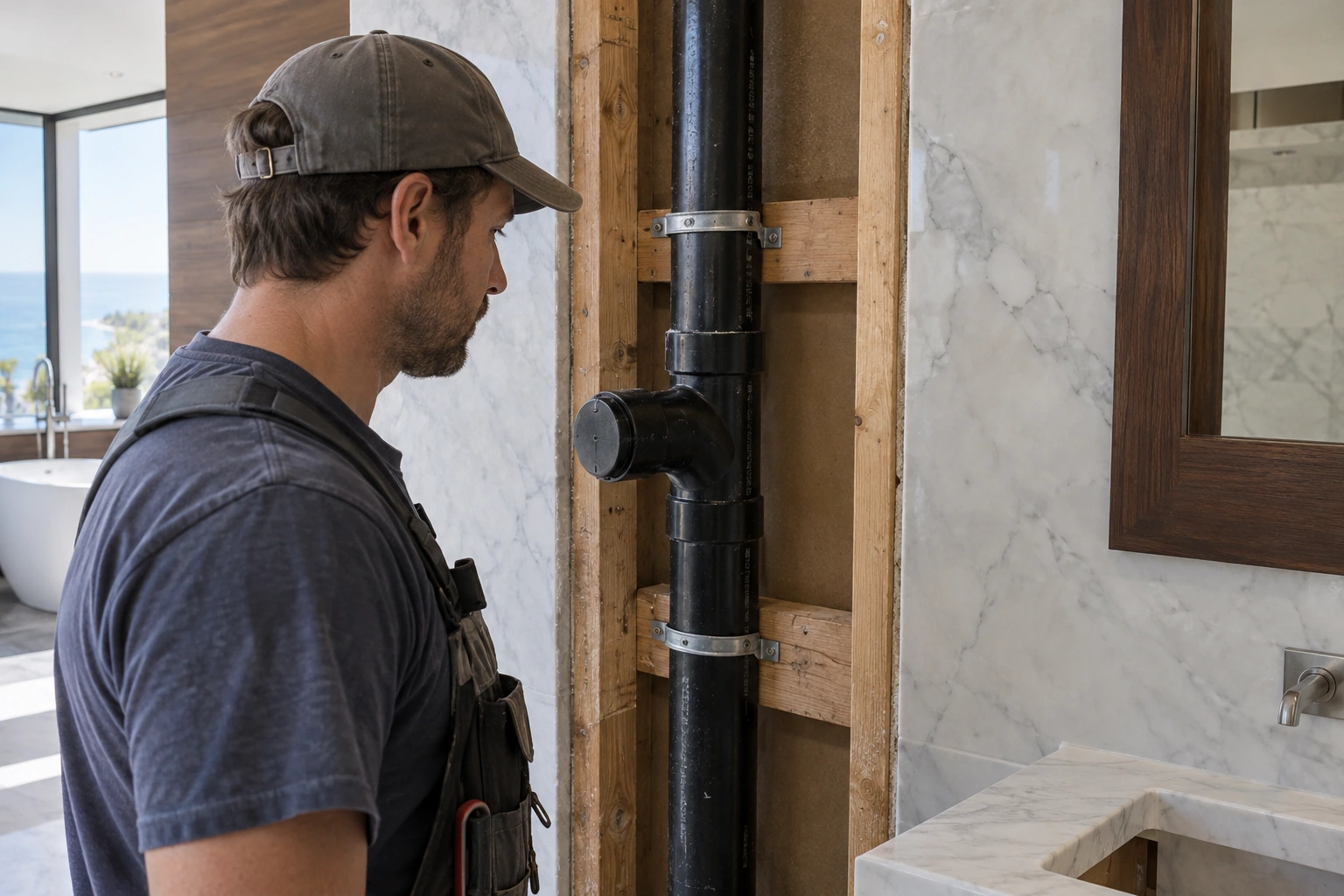 Upright sanitary tee with a capped fixture branch and a vertical drain and vent continuing through a wall opening
