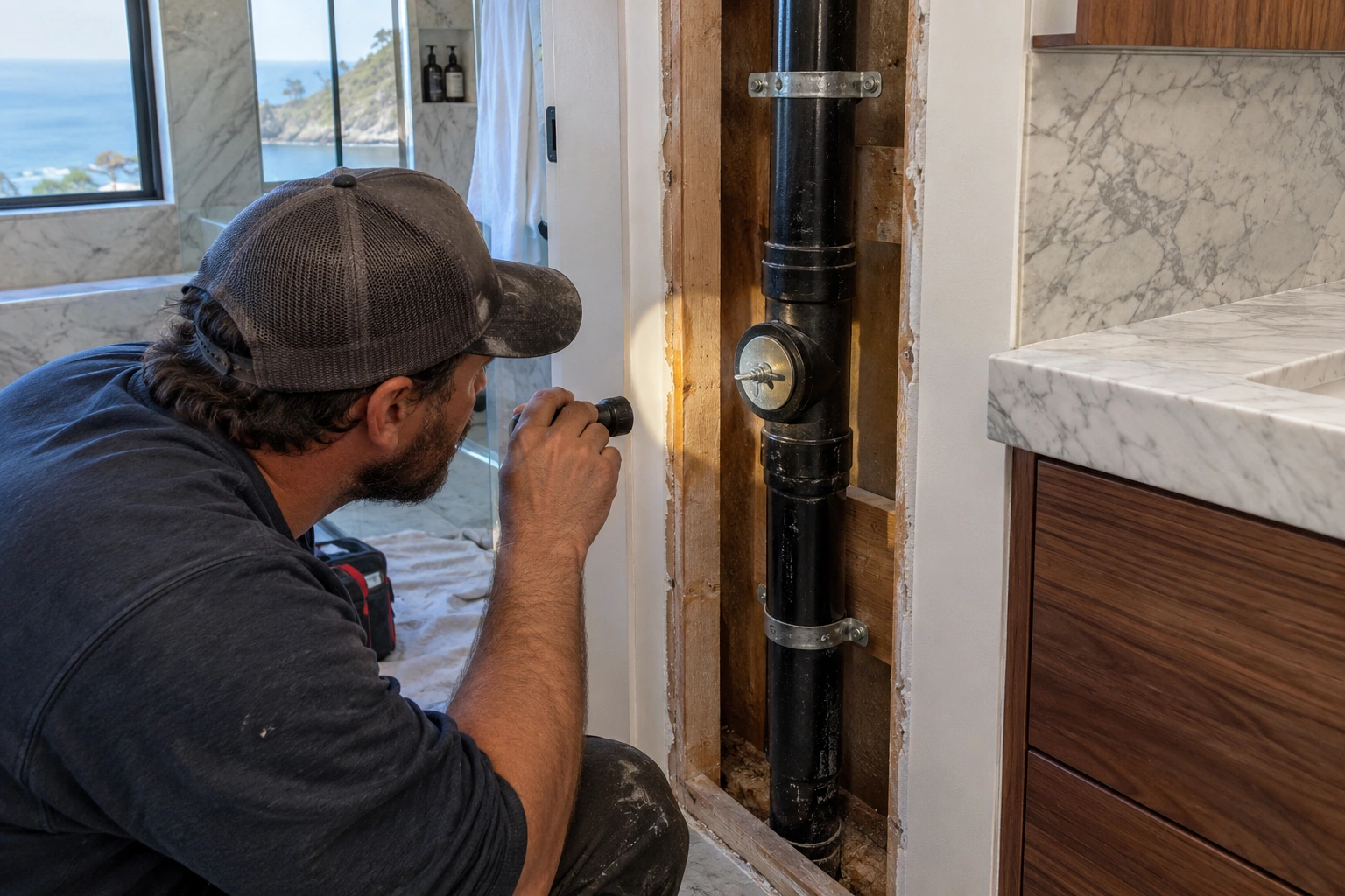 Plumber reviewing exposed black ABS joints and a mechanical test plug before the wall is closed