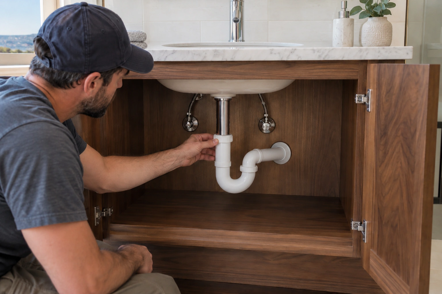 Installer checking a rigid vanity P-trap connected from a basin tailpiece to a horizontal wall drain arm