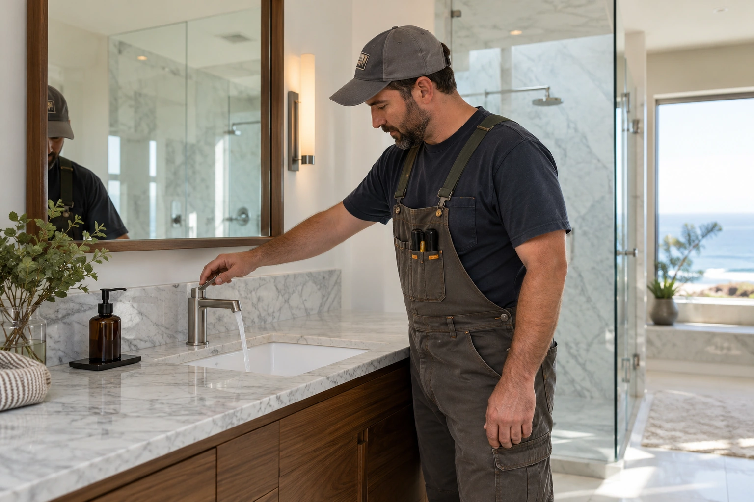 Plumber running a bathroom faucet and observing drainage in a completed luxury bathroom