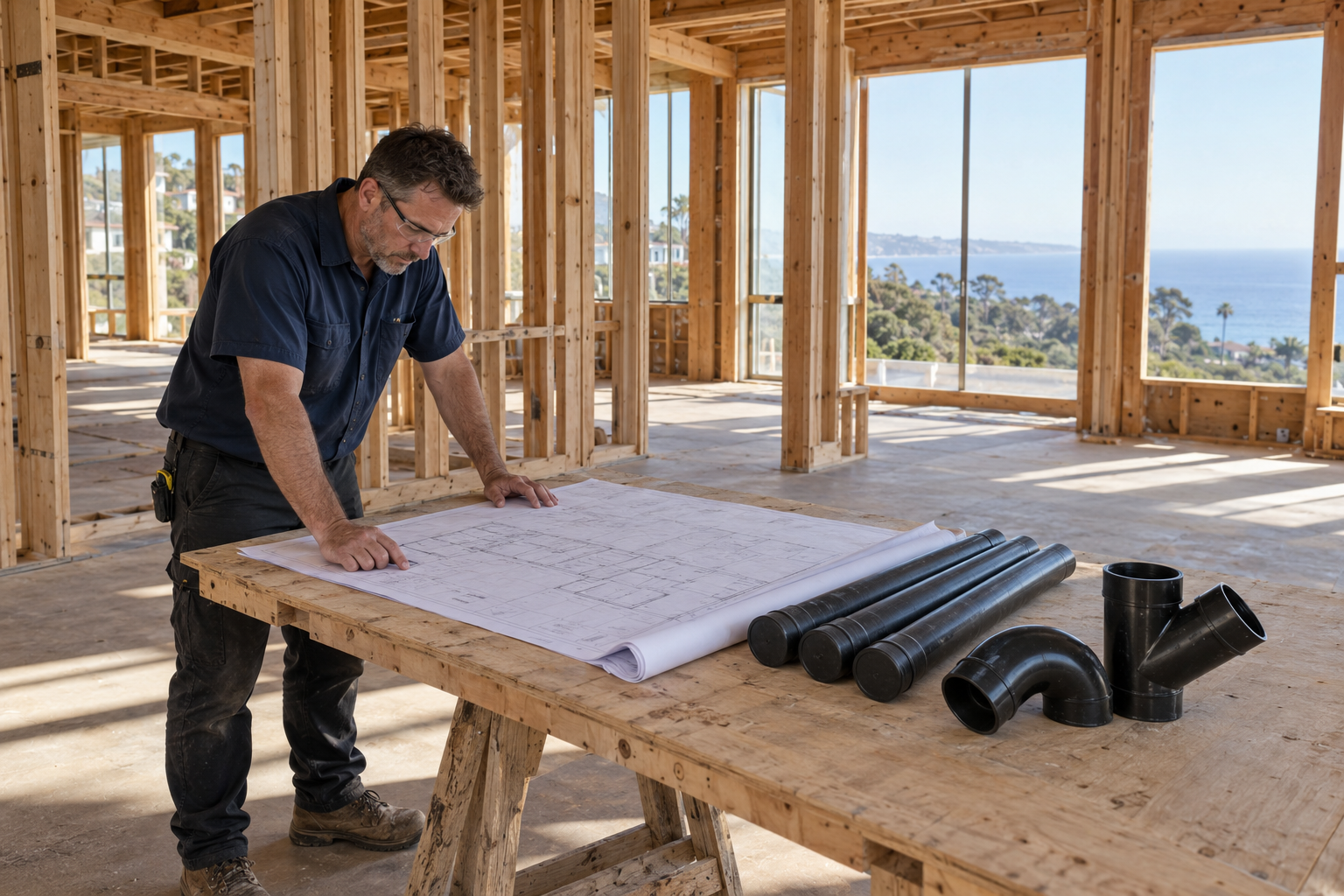 Plumber reviewing drainage and vent plans with black ABS materials in a luxury home under construction