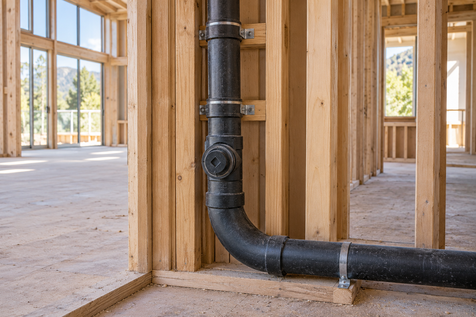 Supported vertical black ABS waste stack with a forward-facing cleanout and swept base transition