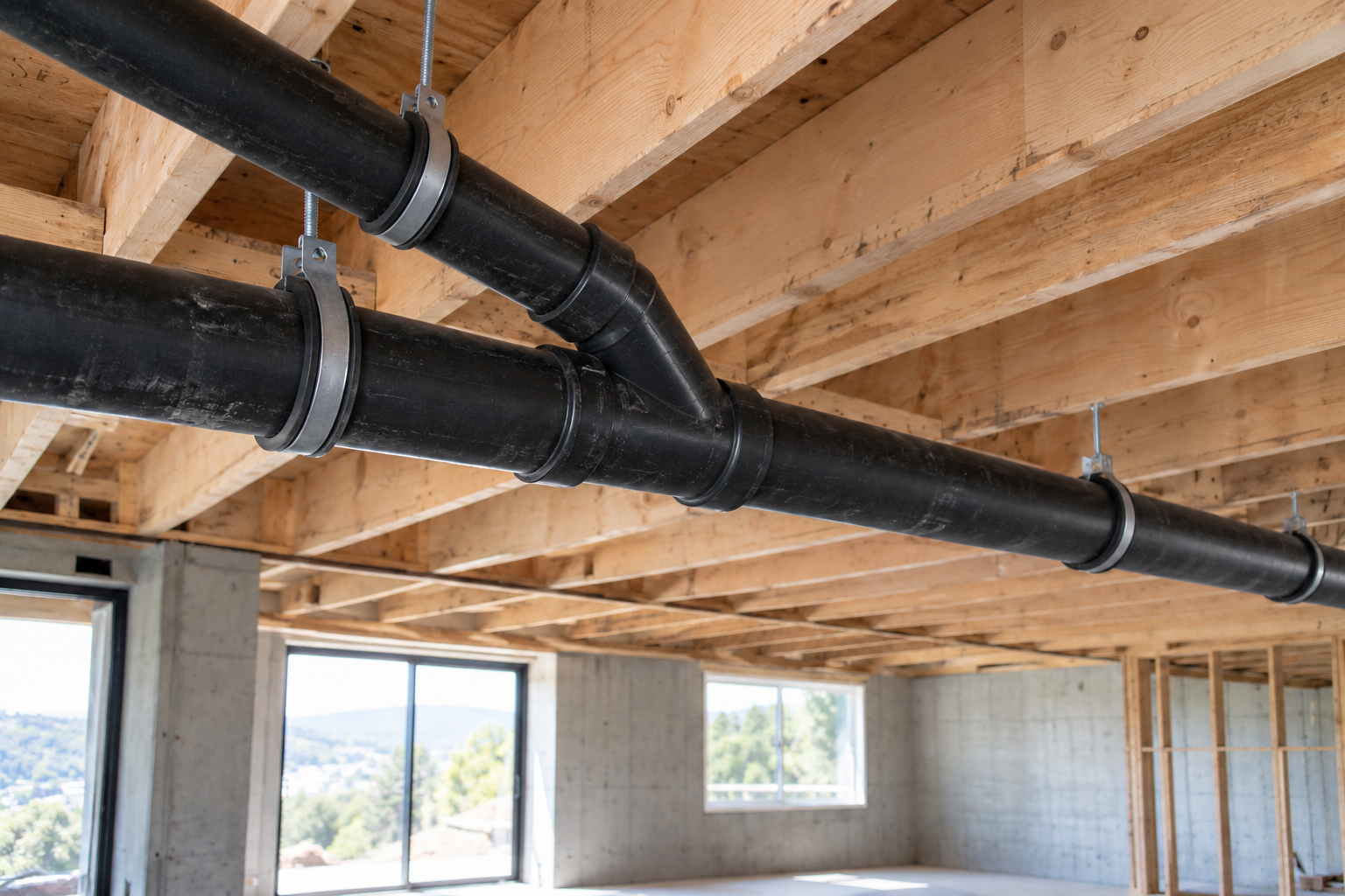 Supported black ABS branch drains joining through a directional wye beneath open floor framing