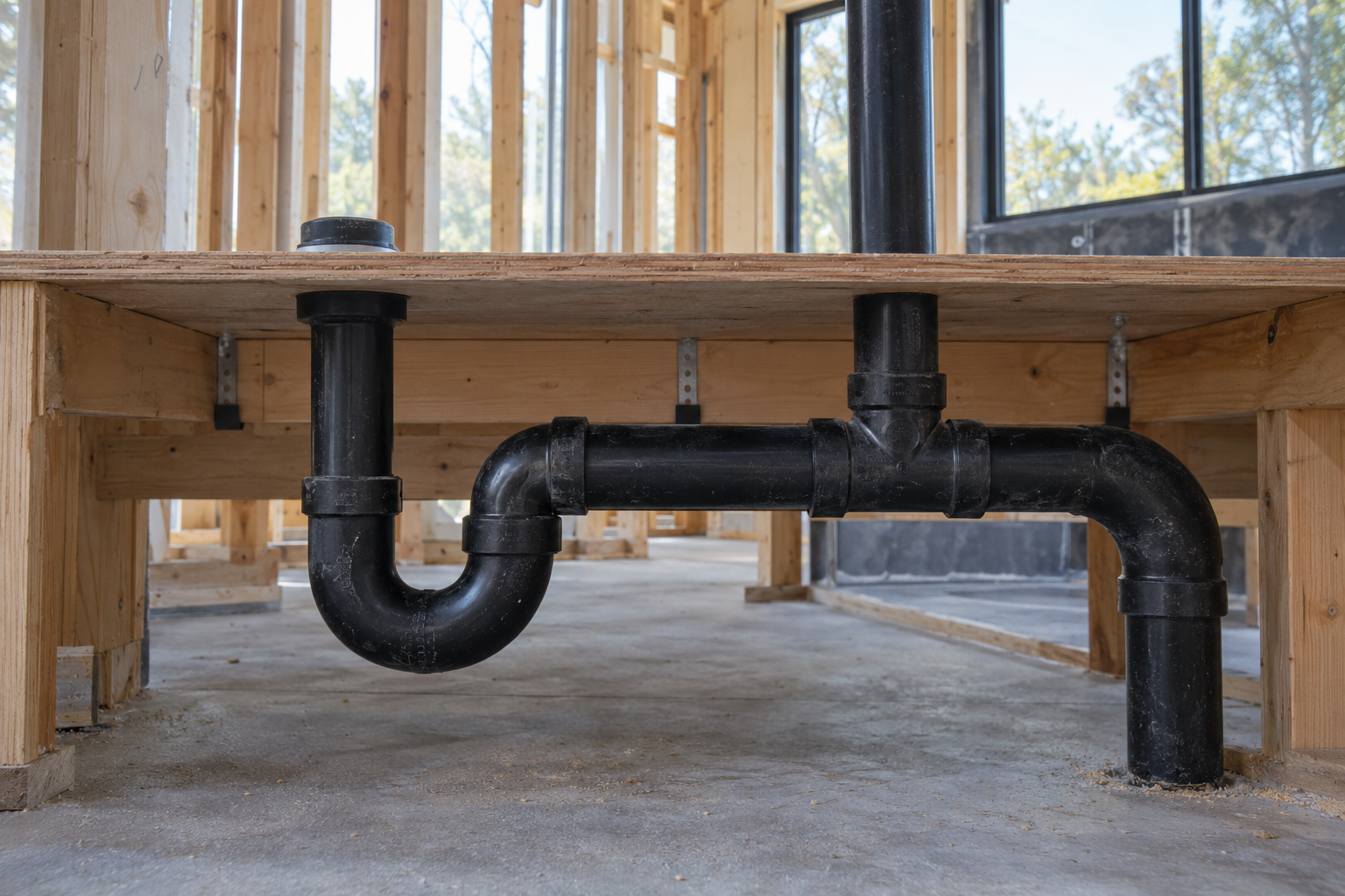Shower P-trap below an open raised floor with a short trap arm and upward vent takeoff before the drain drops