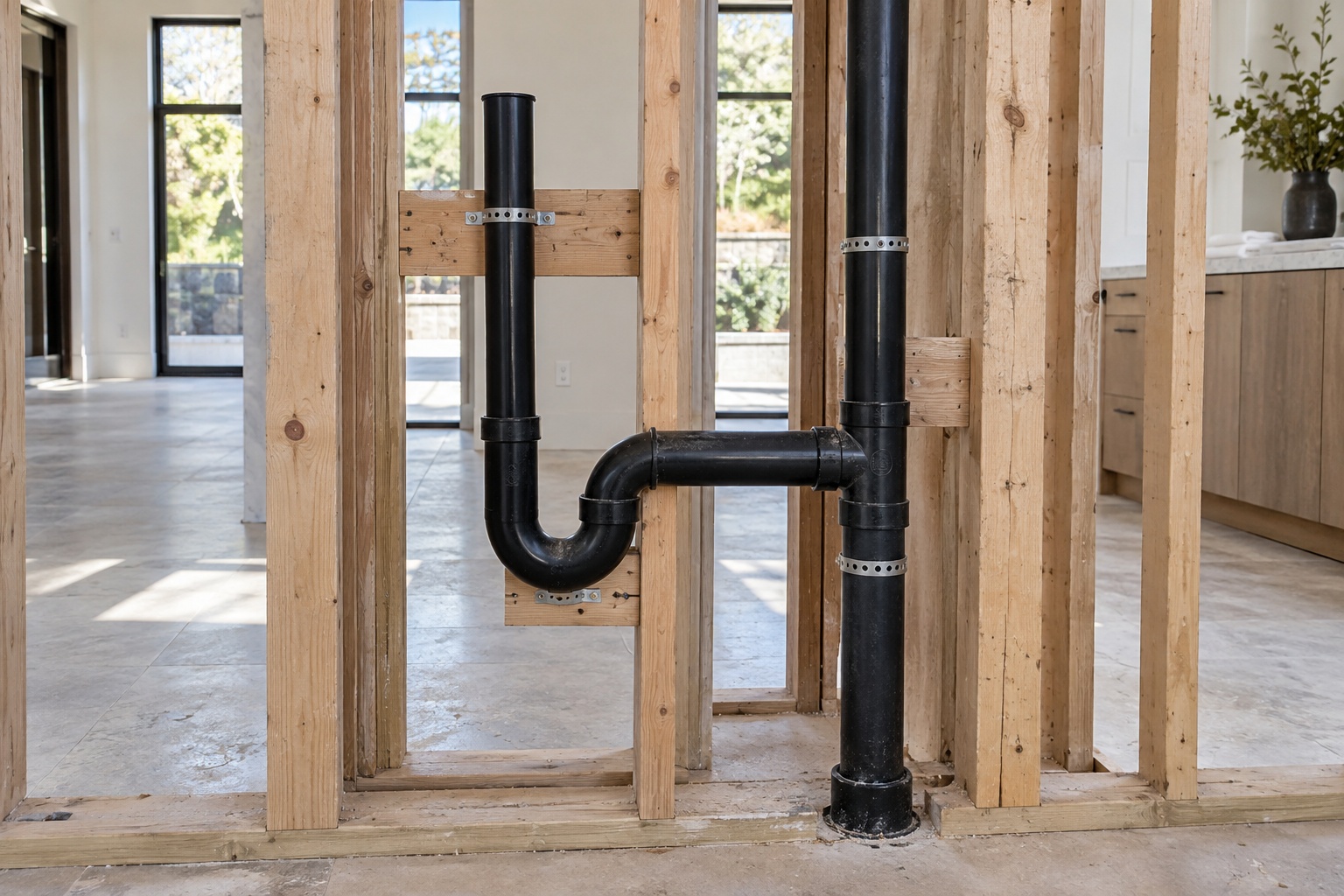 Open laundry standpipe and above-floor P-trap connected by a short trap arm to an upright vent-and-drain tee