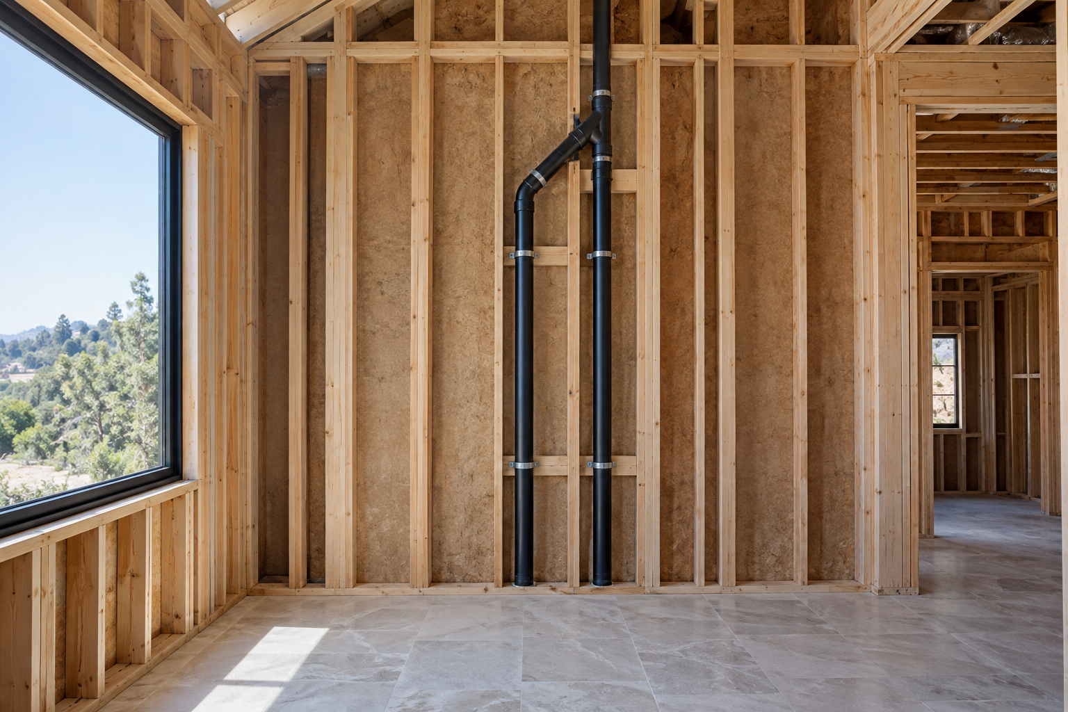Two black ABS vent risers joining high in an open framed wall before continuing toward the roof