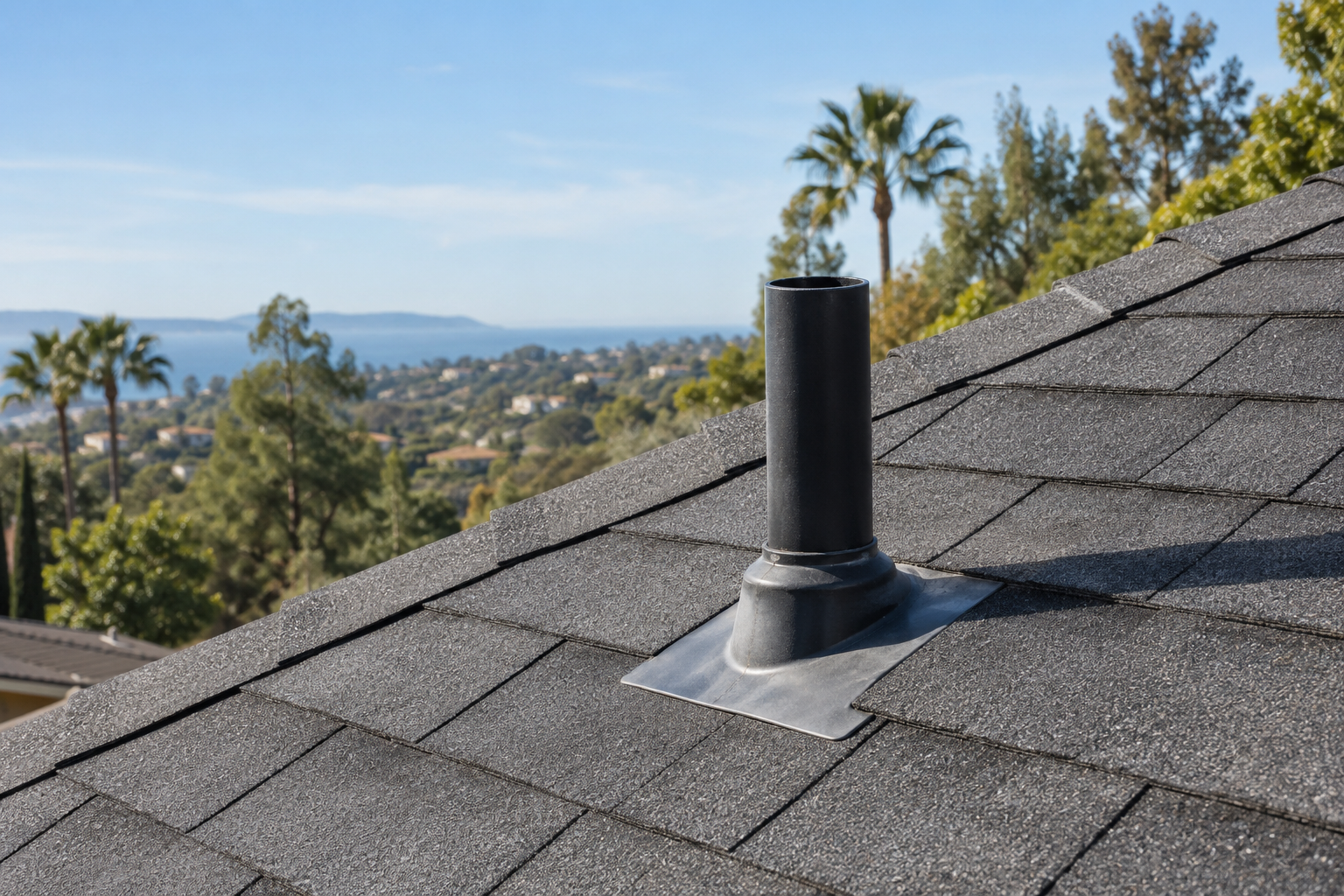 Open upright black plumbing vent through a sloped roof with integrated flashing above a California luxury residence
