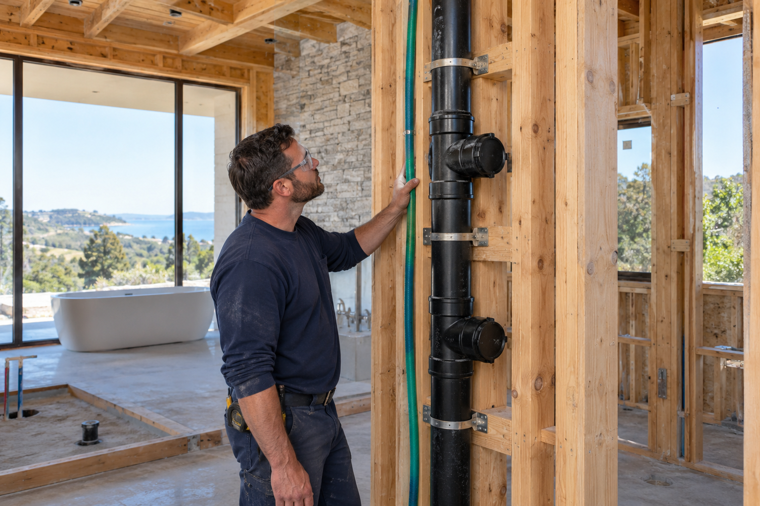 Plumber reviewing exposed capped ABS drainage connections beside a tall test riser and water-fill hose