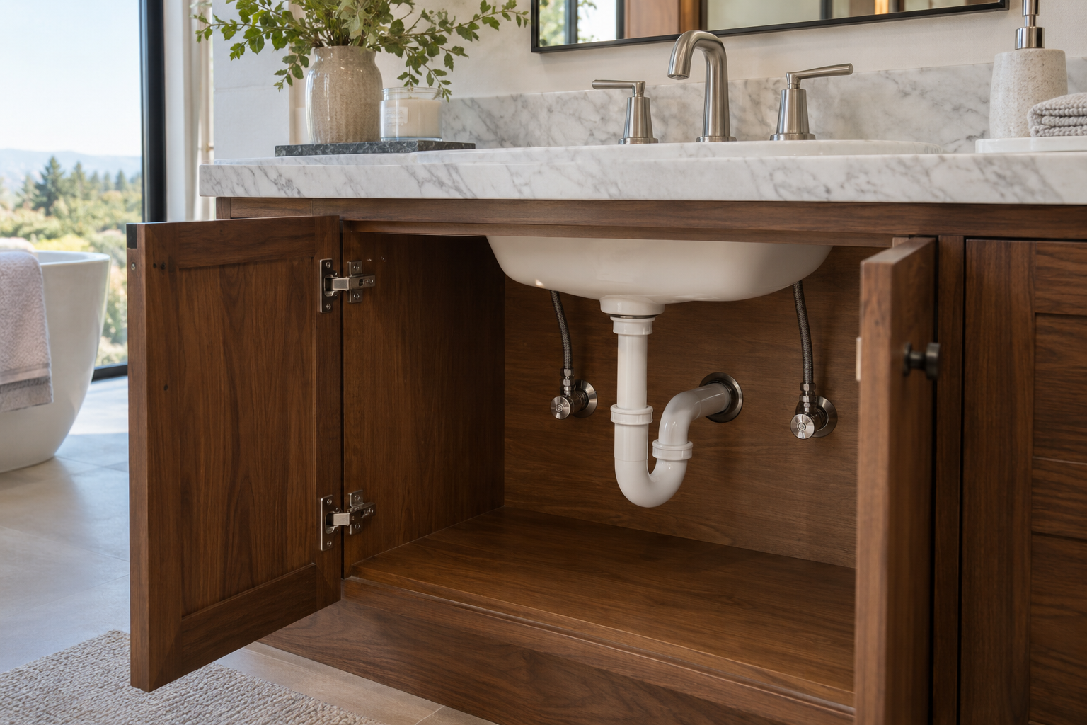 Rigid white P-trap with a short wall-connected trap arm inside an open walnut and marble bathroom vanity