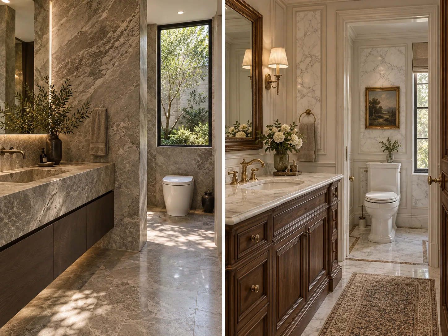 Two luxurious finished bathrooms combine distinct basin and toilet areas in contemporary and classical styles.