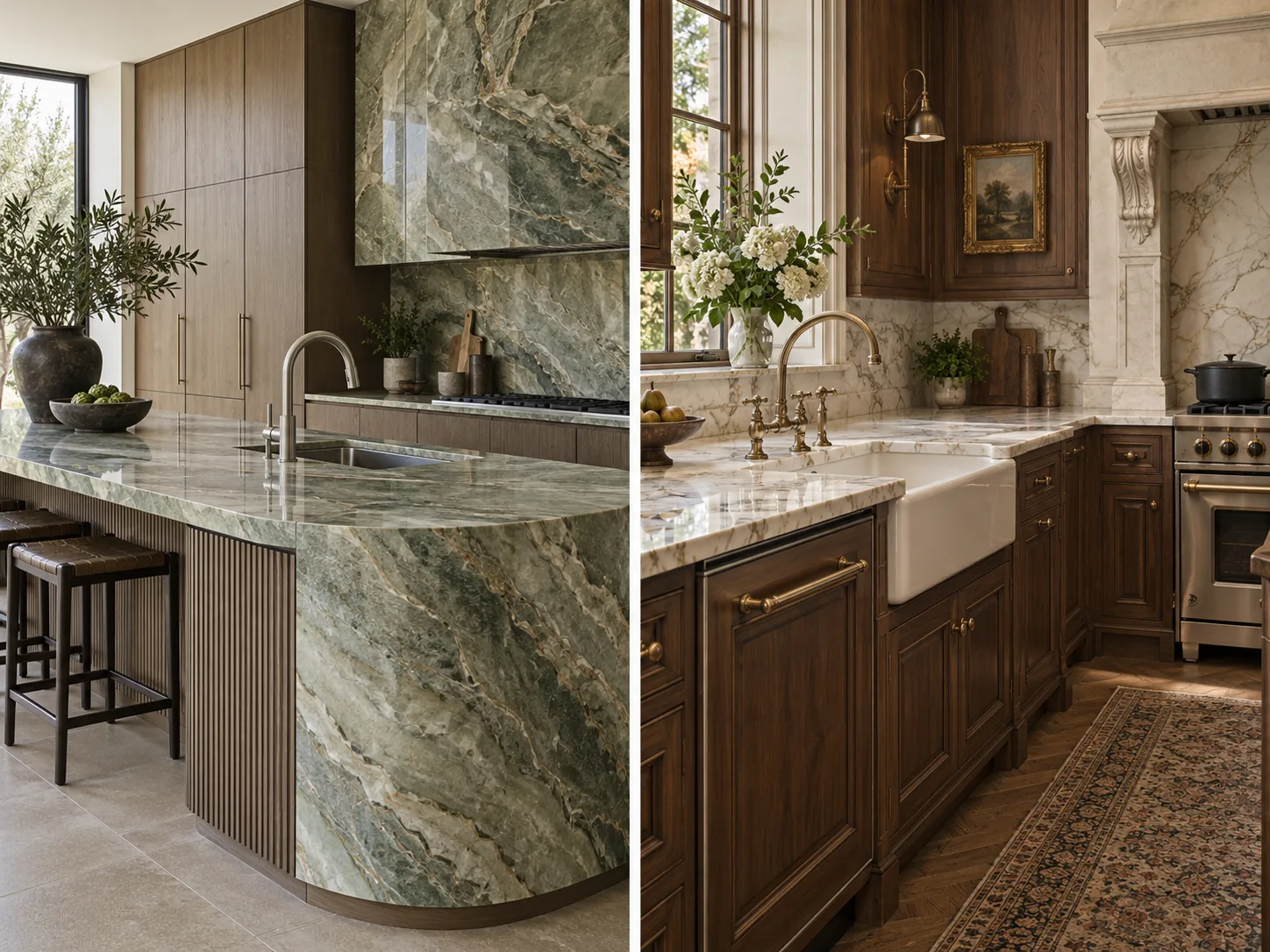 Contemporary stone-and-oak kitchen fixtures paired with classical walnut cabinetry, marble, and an aged-brass faucet.
