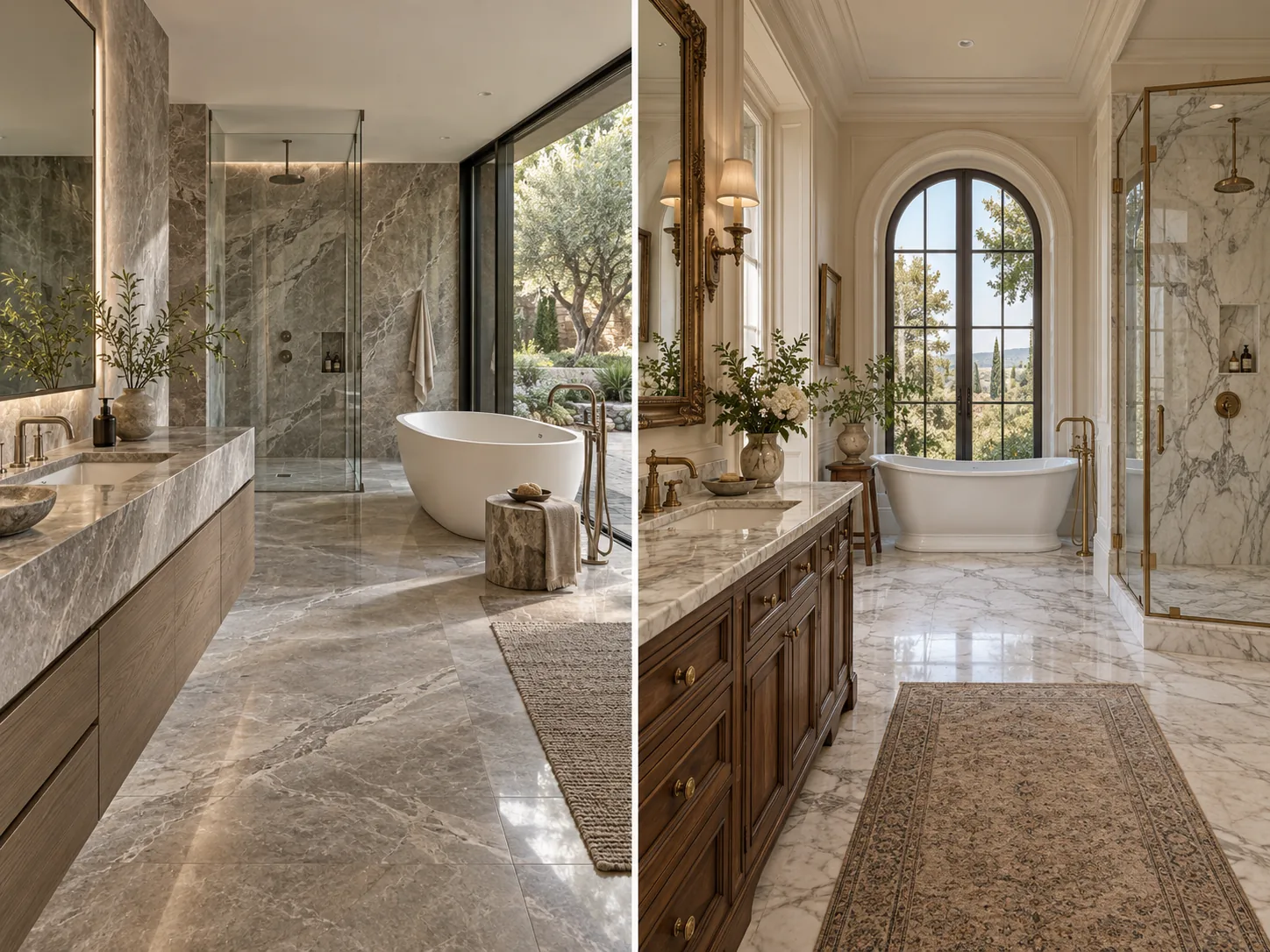 Modern and antique-inspired primary bathroom suites with finished vanities, freestanding tubs, and separate showers.