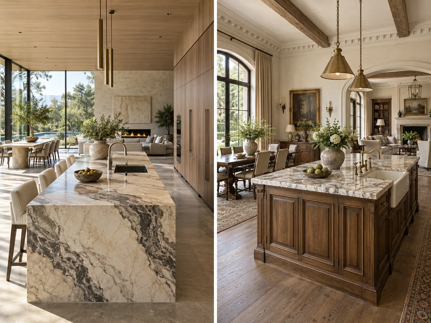Two finished luxury home interiors with open kitchens, elegant dining spaces, and distinct contemporary and classical detailing.