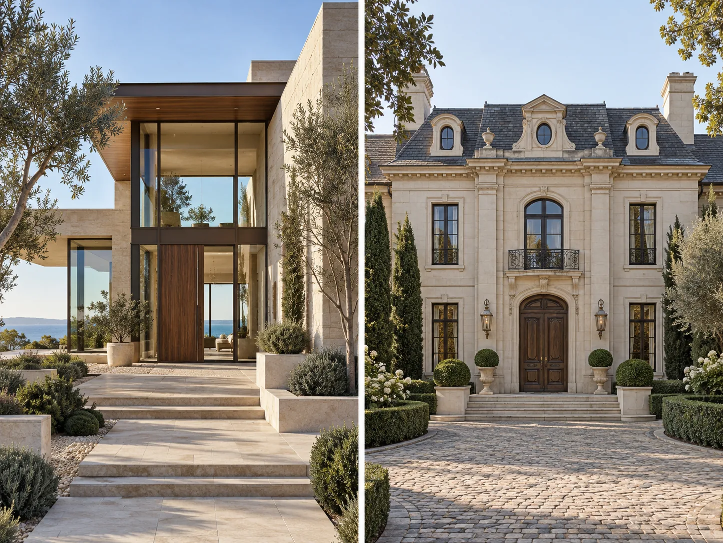 Two-panel inspiration collage comparing a modern stone estate and a classical European-inspired California residence.
