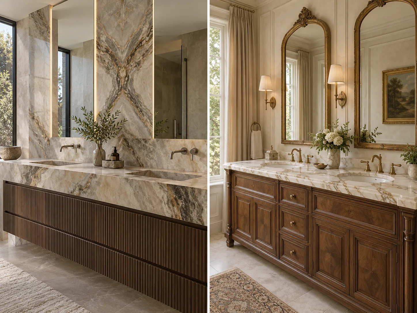 Modern sculpted stone double vanity beside a classical walnut and marble double vanity with elegant faucets.