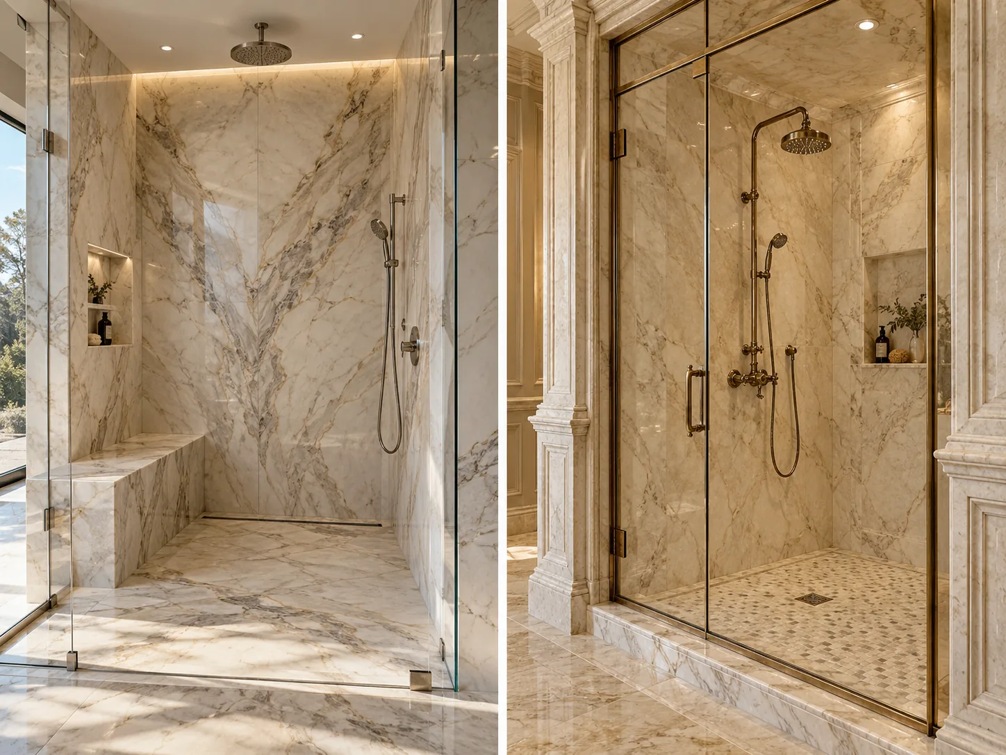 Two equally sized photo panels compare a luxurious modern marble shower with an ornate classical shower in marble and aged brass.