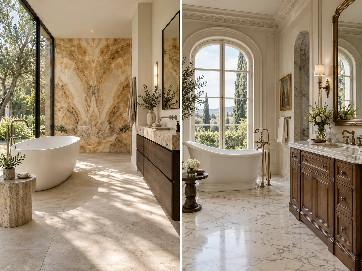 Modern and classical luxury bathrooms with distinctive freestanding tubs, adjacent vanities, and clear circulation.