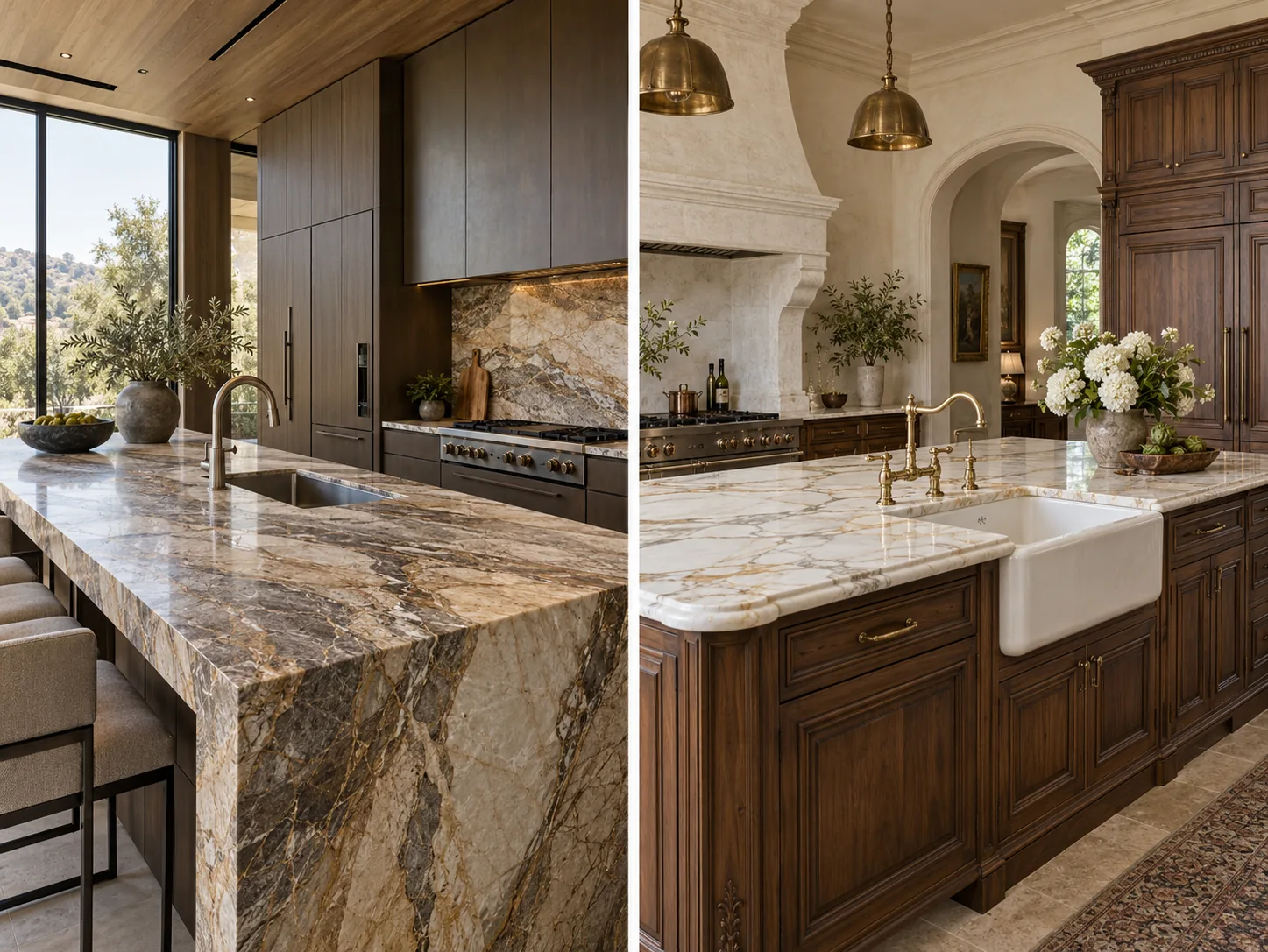 Modern stone kitchen and antique-inspired walnut kitchen, side by side
